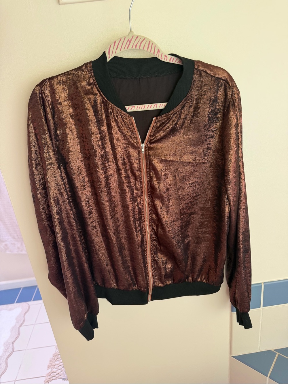 SHEIN Metallic Copper Lightweight Bomber Jacket with Black Trim